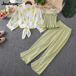 Women's Summer Chic Daisy Print Chiffon Sun Shirt Sling Wide Leg Pants 3 Piece Set Korean Casual Lady Graceful Outfits 2023 New