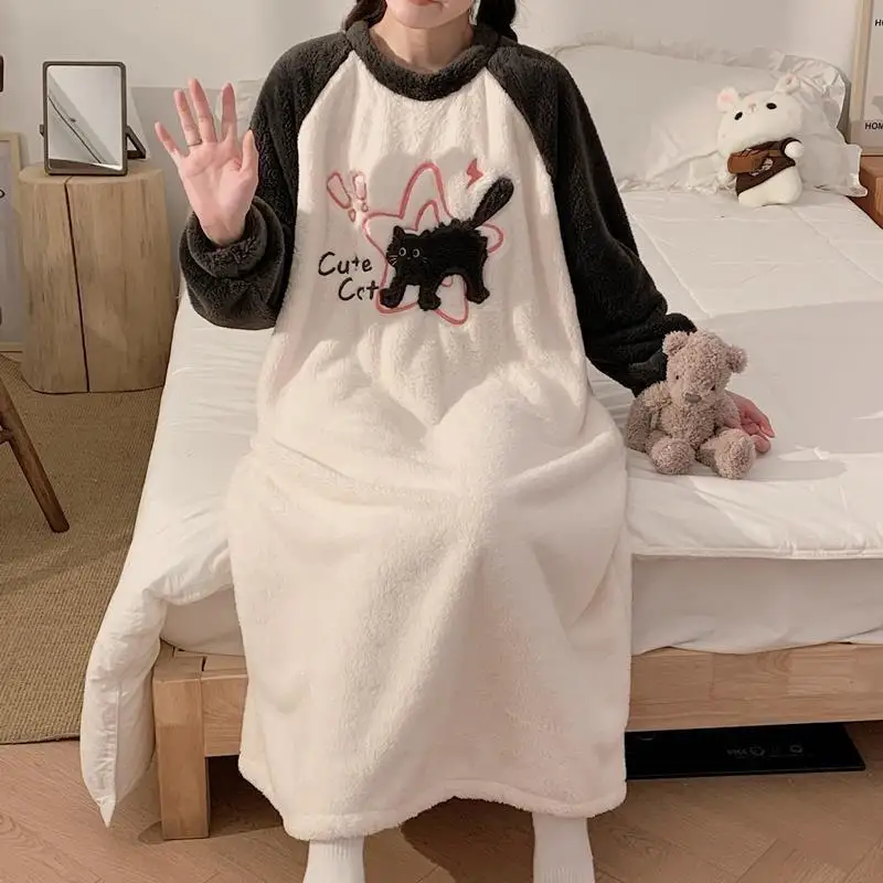 

Women's Pajamas Sleepwear Homewear Sleepwear Women Autumn Winter Coral Fleece Cute Cat Large Size Thick Fleece Long