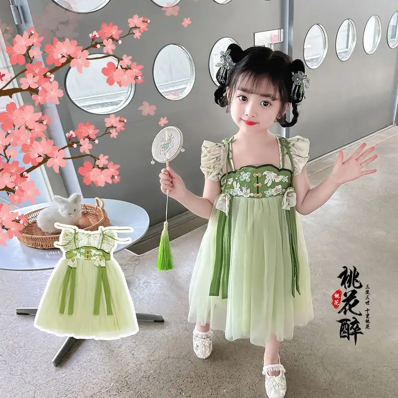 

Children's Princess Ethnic Style Performance Costume Hanfu Dress for Girls Sleeveless Embroidered Summer Dress