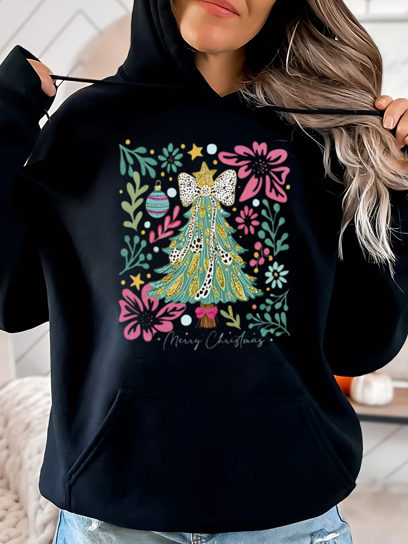 

Christmas Tree Floral Print Merry Christmas Hoodie Women Casual Winter Holiday Wear Black Plus-Size