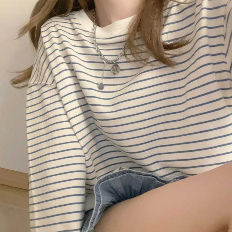 Damen Herbst Aprikosenfarben Gestreiftes Neues T-Shirt Mädchen Studenten Koreanischer Stil Locker Sitzendes Oberteil Sweatshirt Rundhals Pullover Langarm T-Shirt – Detail 4