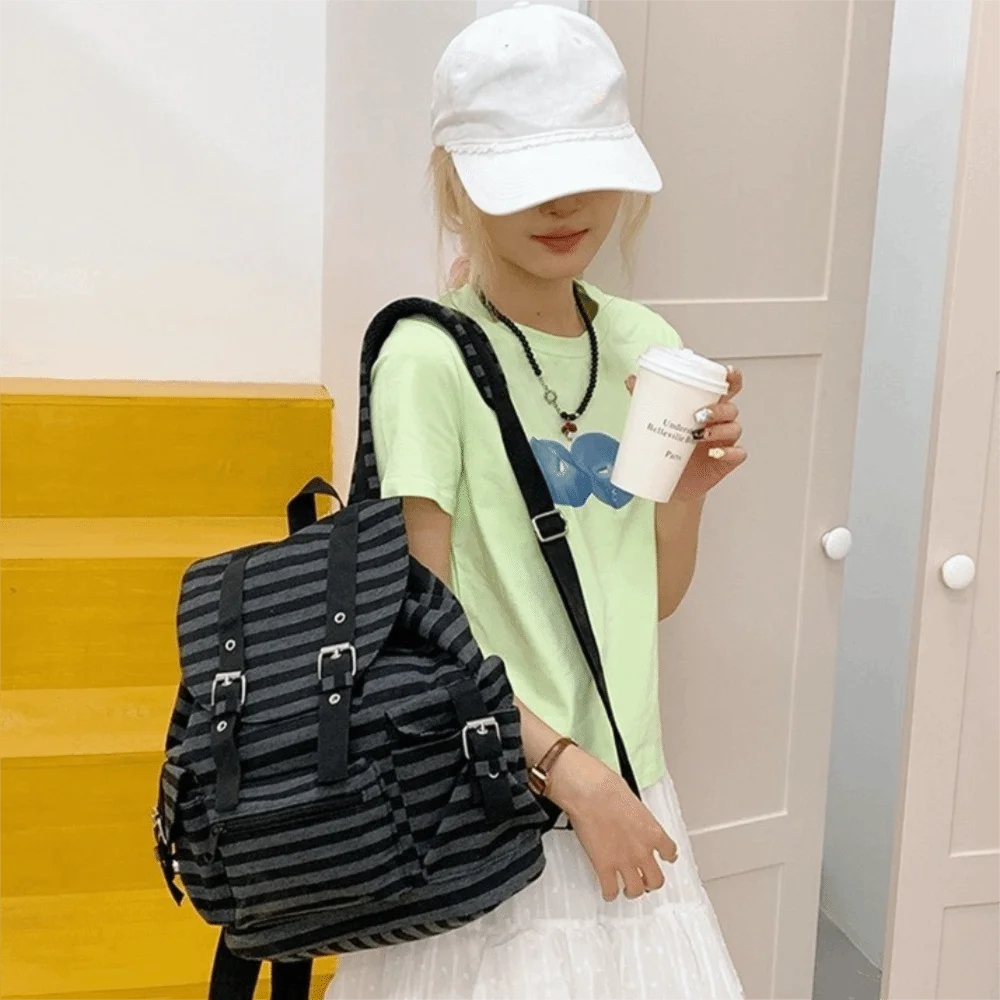 Fashion Large Capacity Striped Backpack Korean Style Multi-pocket Students Schoolbag Cloth Y2K Hiking Camping Bag Girl