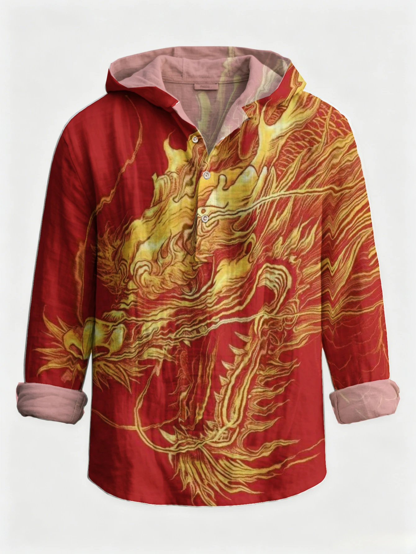 Men Vintage Chinese Golden Dragon Print Hooded Henley Shirt Long Sleeve Button Placket Loose Fit Casual Tops