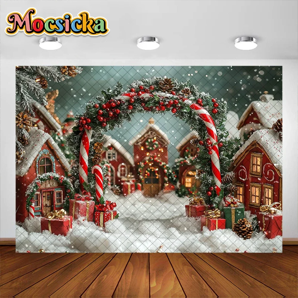 Mocsicka Photography Background Winter Christmas Town Garland Snow Decoration Supplies Boys Girls Portrait Photo Backdrop Studio