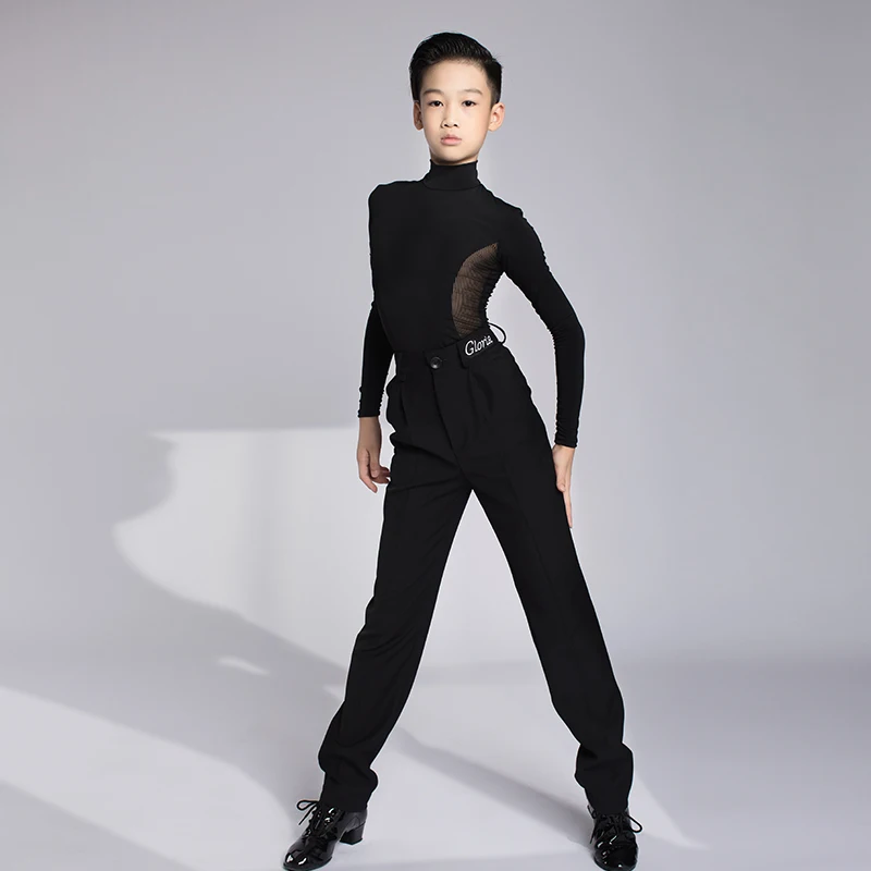 Boys Latin Dance Competition Costume Black Long Sleeve Tops Pants Ballroom Dance Clothing Professional Latin Clothes DL10836