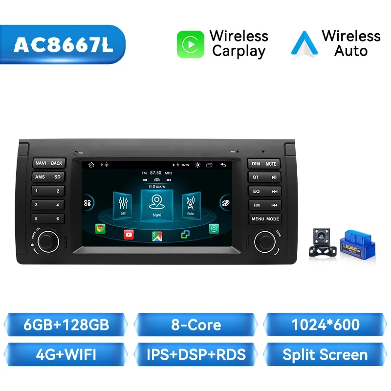 Draadloze Carplay Auto Radio Speler Voor Bmw 5 Serie E39 X 5 E53 M5 1996-2003 Android 14 Navigatie Stereo 4G Wifi 8G + 128Gb Gps Dsp