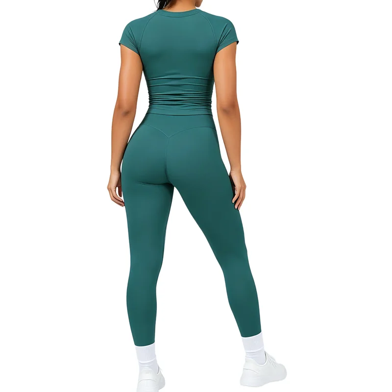 2 Pcs HISTELLO Impact Short Sleeve Top Set Women Low Waist Butt Lifting Gym Leggings suit Stretchy Yoga Fitness Workout Set