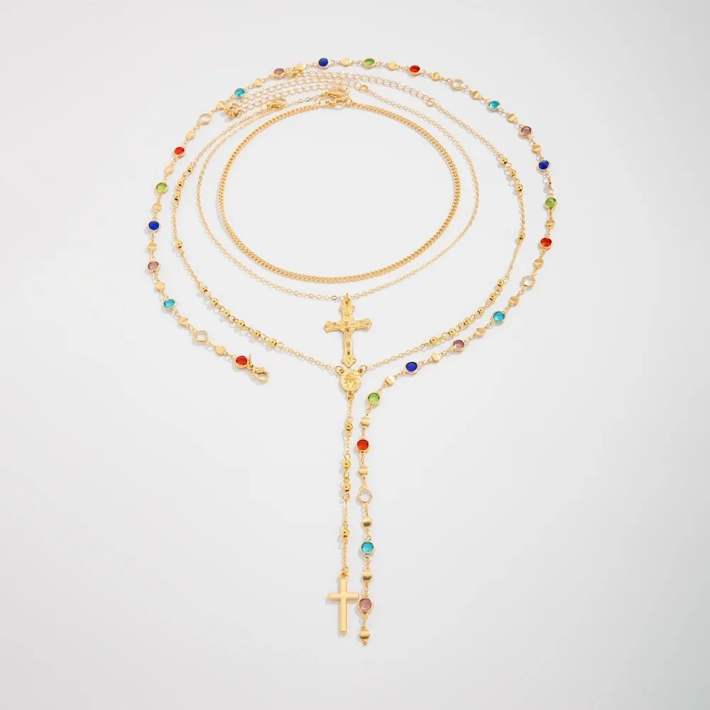 فريدة من نوعها حجر الراين معدن مكدسة قلادة Y2K الأزياء الصليب قلادة مجموعة خمر نمط سبائك ملونة الرقبة قلادة الفتيات