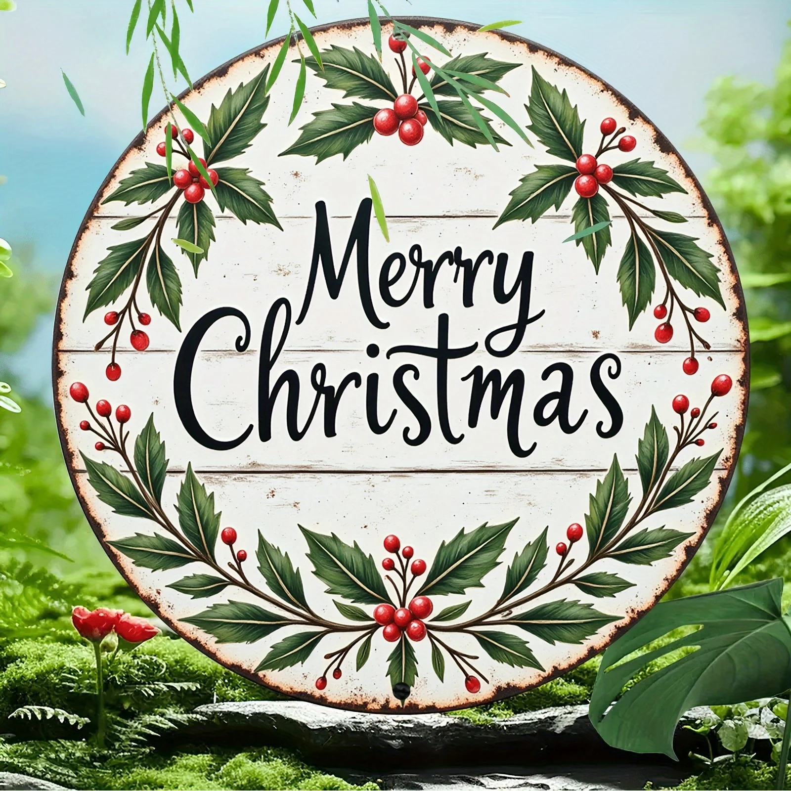 Merry Christmas Holly Berry Vintage Wood Grain 2D Round Metal Tin Sign 20x20cm Distressed Iron Plaque Holiday Front Door Ornamen