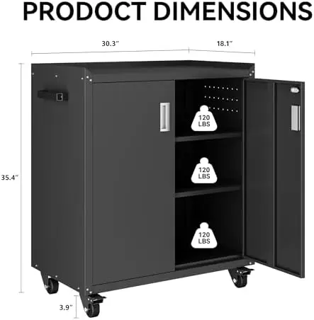 Heavy-Duty Rolling Storage Cabinet, 2-Door Metal Garage Cabinet with 2 Adjustable Shelves, Lockable Wheels & Locking