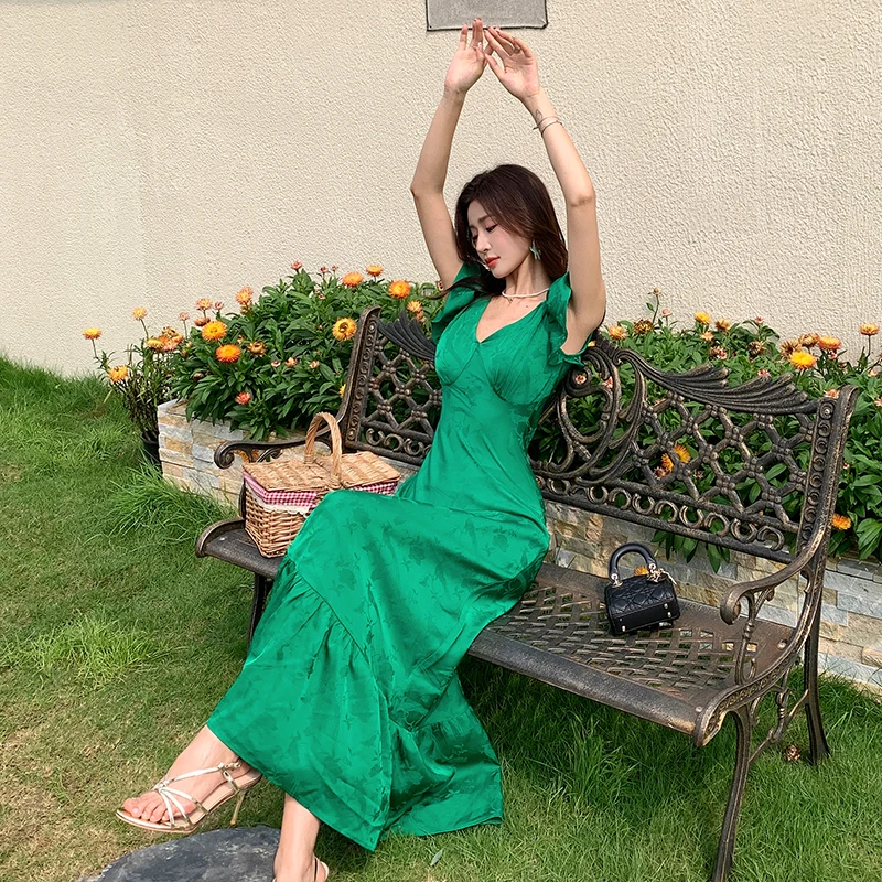 French Vintage New Summer Green Satin Long Mermaid Dress Elegant Women V Neck Ruffles Sleeve Jacquard High Waist Prom Party Robe