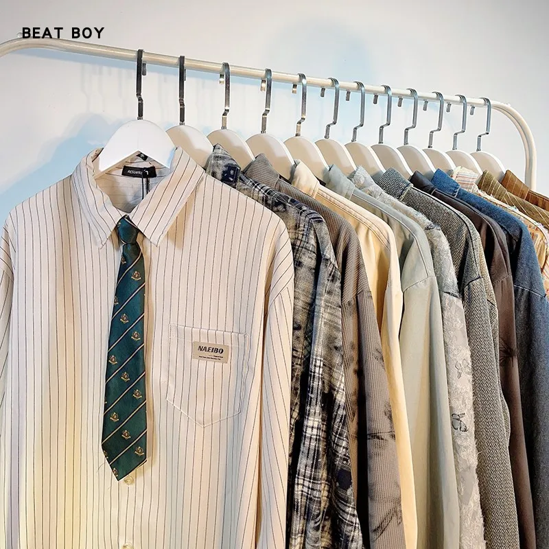 

Мужская рубашка в американском ретро-стиле с длинным рукавом, свободного кроя, удобная, повседневная, для многослойных образов, в полоску, Haome CleanFit