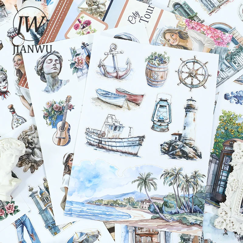 JIANWU 20 Sheets/book Vintage Flower Character City Landscape Material Collage Sticker Book Creative DIY Journal Stationery