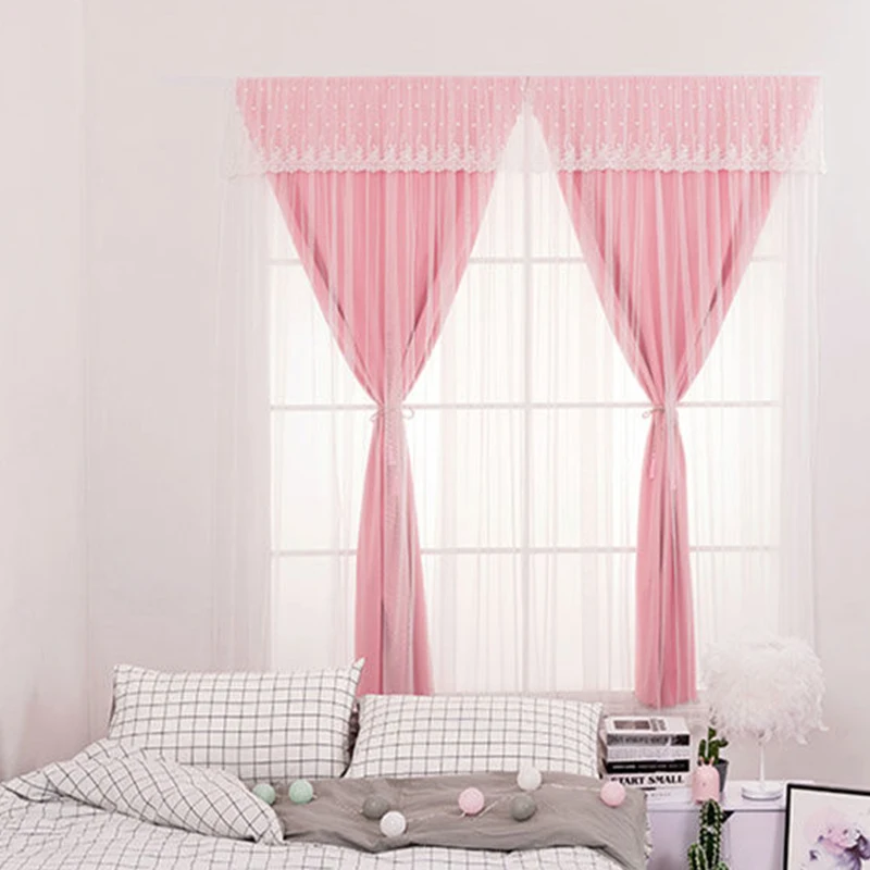 Magic Strap Blackout Curtain Punch-Free Star-Cutout Sheer Window Curtain for Living Room Bedroom Drapes Easy to Install TJ1620-2