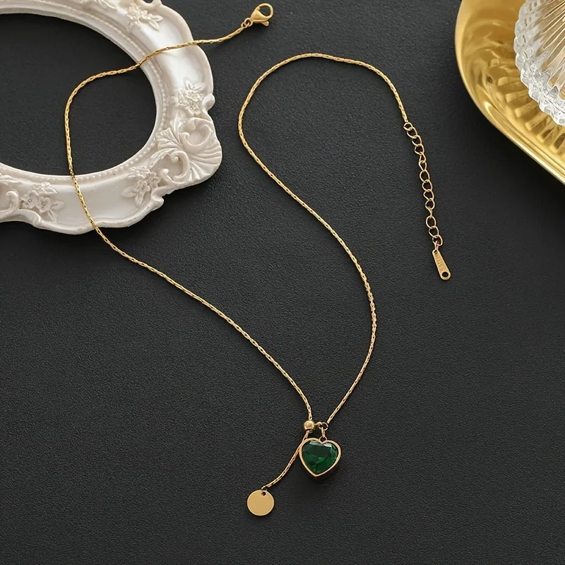 لطيف خمر القلب مكعب زركونيا قلادة قلادة الفولاذ المقاوم للصدأ سلاسل ضوء الفاخرة هندسية المختنق مجوهرات هدية للنساء