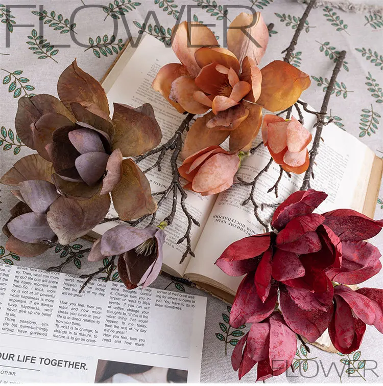 5 Stück Künstliche 3-Kopf-Magnolien-Seidenblumen Heimdekoration Künstliche Orchideenblumen Weihnachtsbaum-Deko Zweig Hochzeitsfeier Blumendekoration – Detail 1