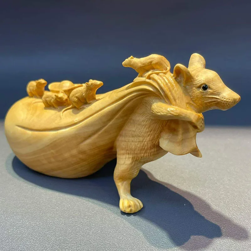 Q5093 - 12 X 7 X 4.8 cm Boxwood Carved Figurine For Decoration - Wealthy Mouse Family