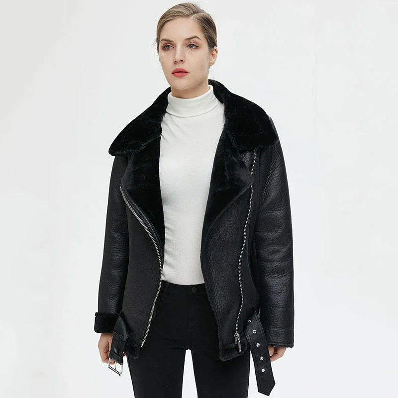 Thickened Warm Faux Leather Fleece Coat Women 2024 New High-end Simple Solid Casual Winter Motorcycle Jacket with Belt