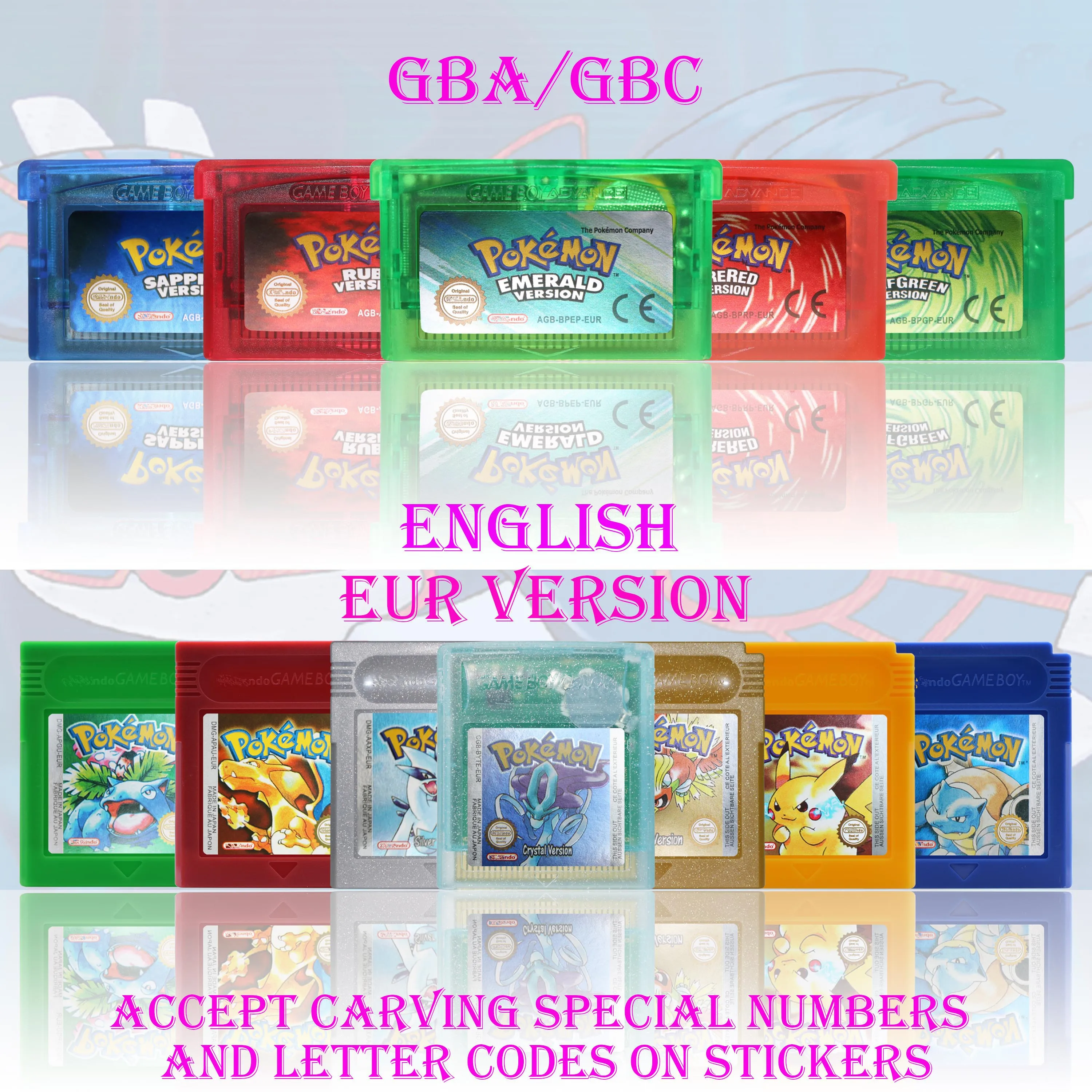 Cartucho de juego GBC/GBA versión EUR Pokemon Crystal/Yellow/Emerald/Fire Red/Leaf Green, tarjeta de videojuego de alta calidad con batería