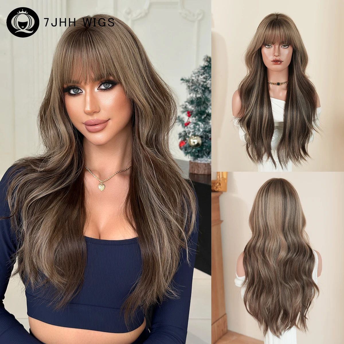 7JHH WIGS Lange gewellte schokoladenbraune Ombre-Perücke für Damen – Modische, hochdichte synthetische Schokoladenbraun-Perücken mit ordentlichem Pony