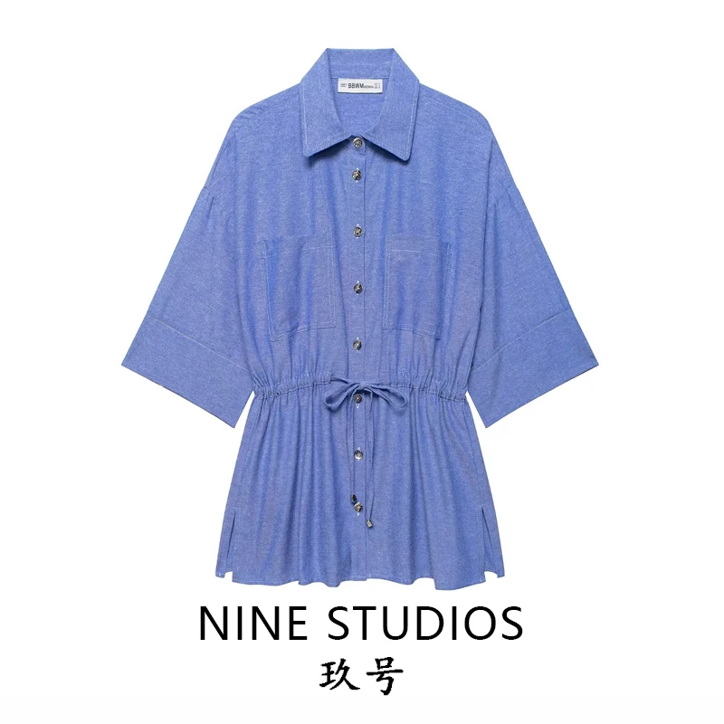 

Женская рубашка NINE ZAR из смесового льна с поясом, декорированная карманами и завязками, весна 2026, европейский стиль, полиэстер