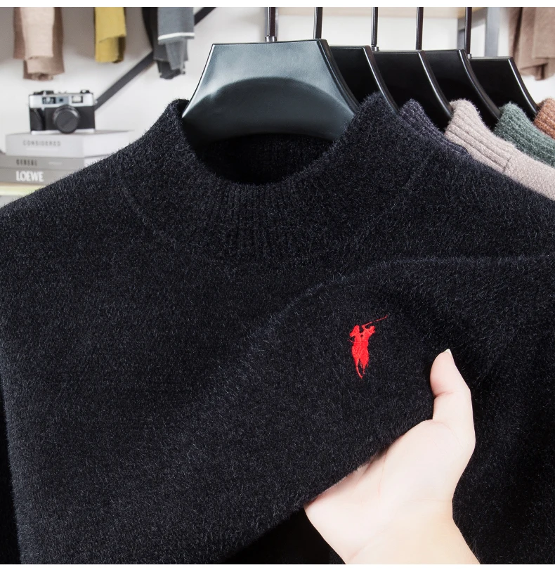 

Мужской свитер с полувысоким воротником и вышивкой, зимний очень толстый флисовый теплый вязаный базовый свитер