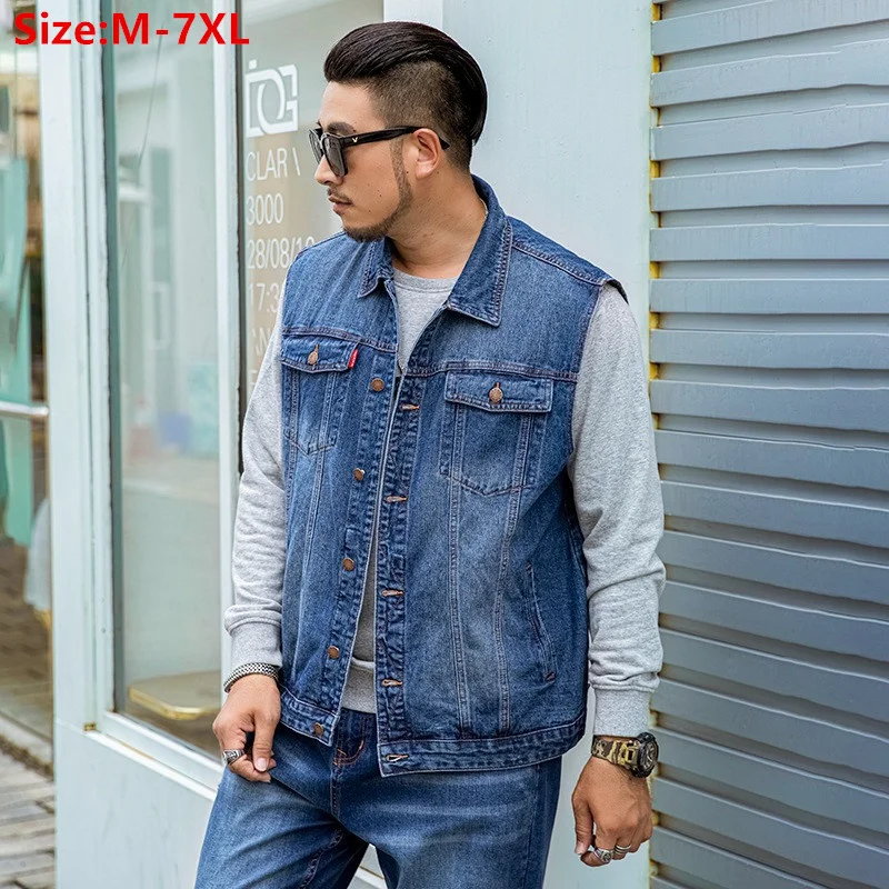 Sleeveless Jean Jacket Men Vest Denim Male Plus Size Motorbike Black Blue 4XL 5XL 6XL 7XL Cowboy Boys Oversized Korean Waistcoat