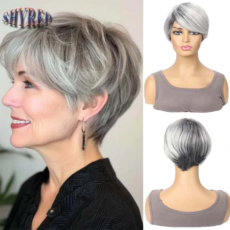 

Synthetic Mixed Grey Wig for Women Short Pixie Cut Wig with Side Part Bangs Heat Resistant Daily Cosplay Party Old Lady Wigs