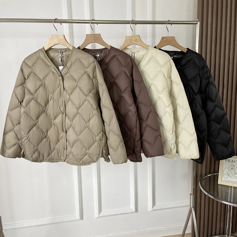 Autumn Winter Lightweight Down Inner Tank V-neck Casual Single breasted Lightweight Down Jacket Solid Color Warm Women's Coat