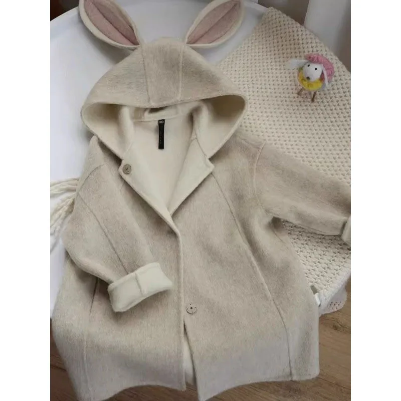 Baby Hooded Rabbit Wool Coat Keep Warm Windbreaker Coat Long Sleeve Woolen Outerwear