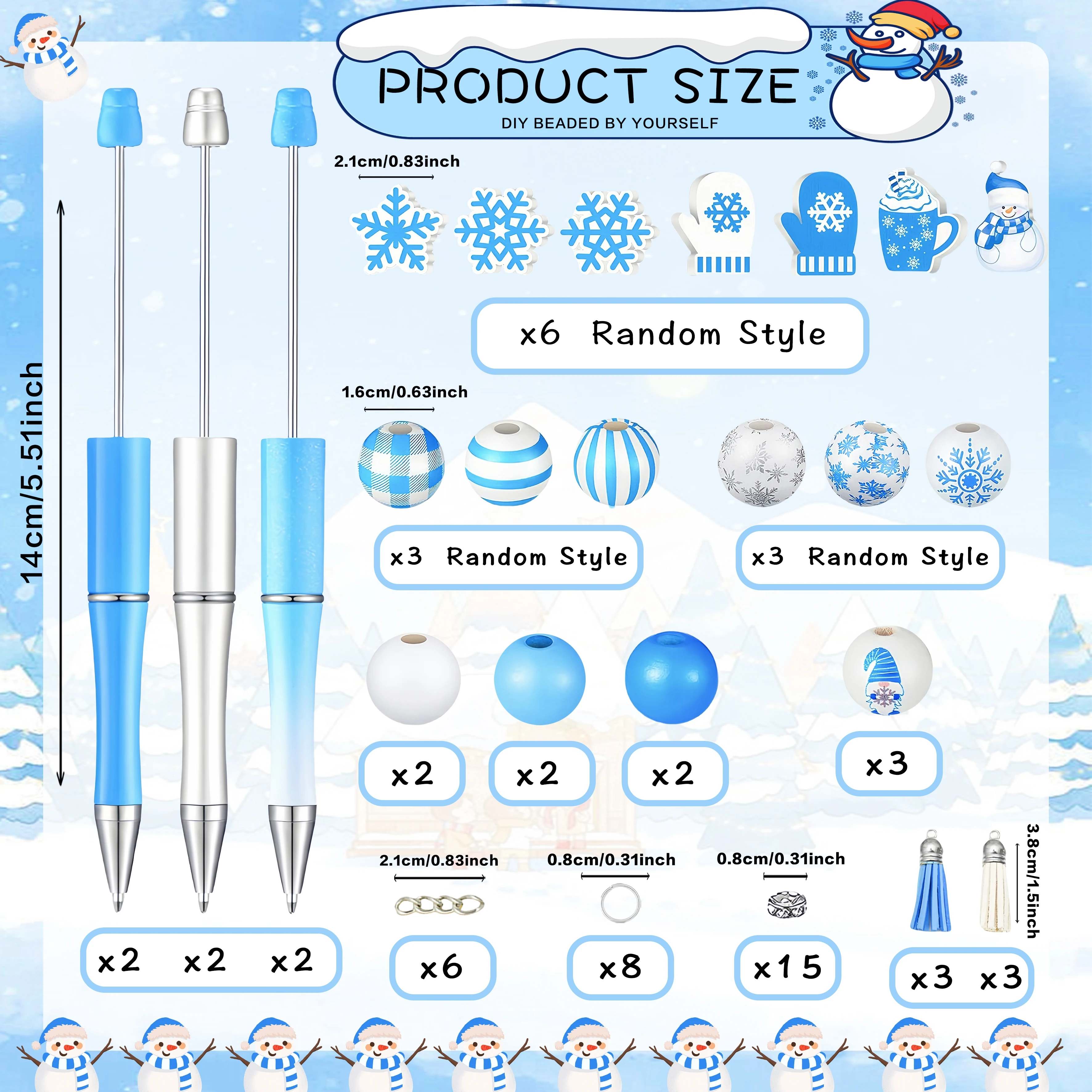 6pcs/set Christmas DIY Beaded Pen, Blue Snowflake Wooden Bead DIY Ballpoint Pen Set, for Learning Writing Office Stationery