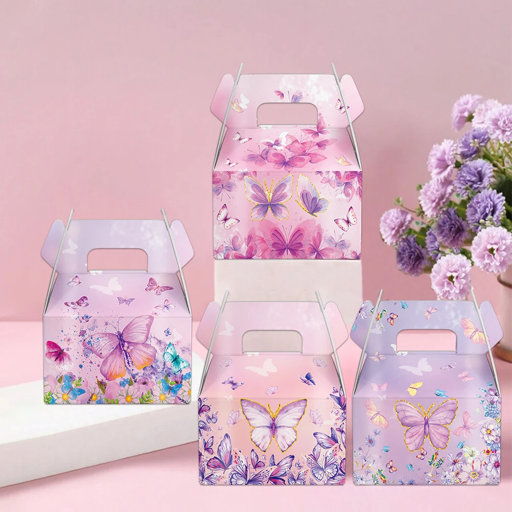 6pcs Butterfly Paper Candy Gift Boxes Pink Purple Butterfly Packaging Box Kid Birthday Party Favors Spring Butterfly Party Decor