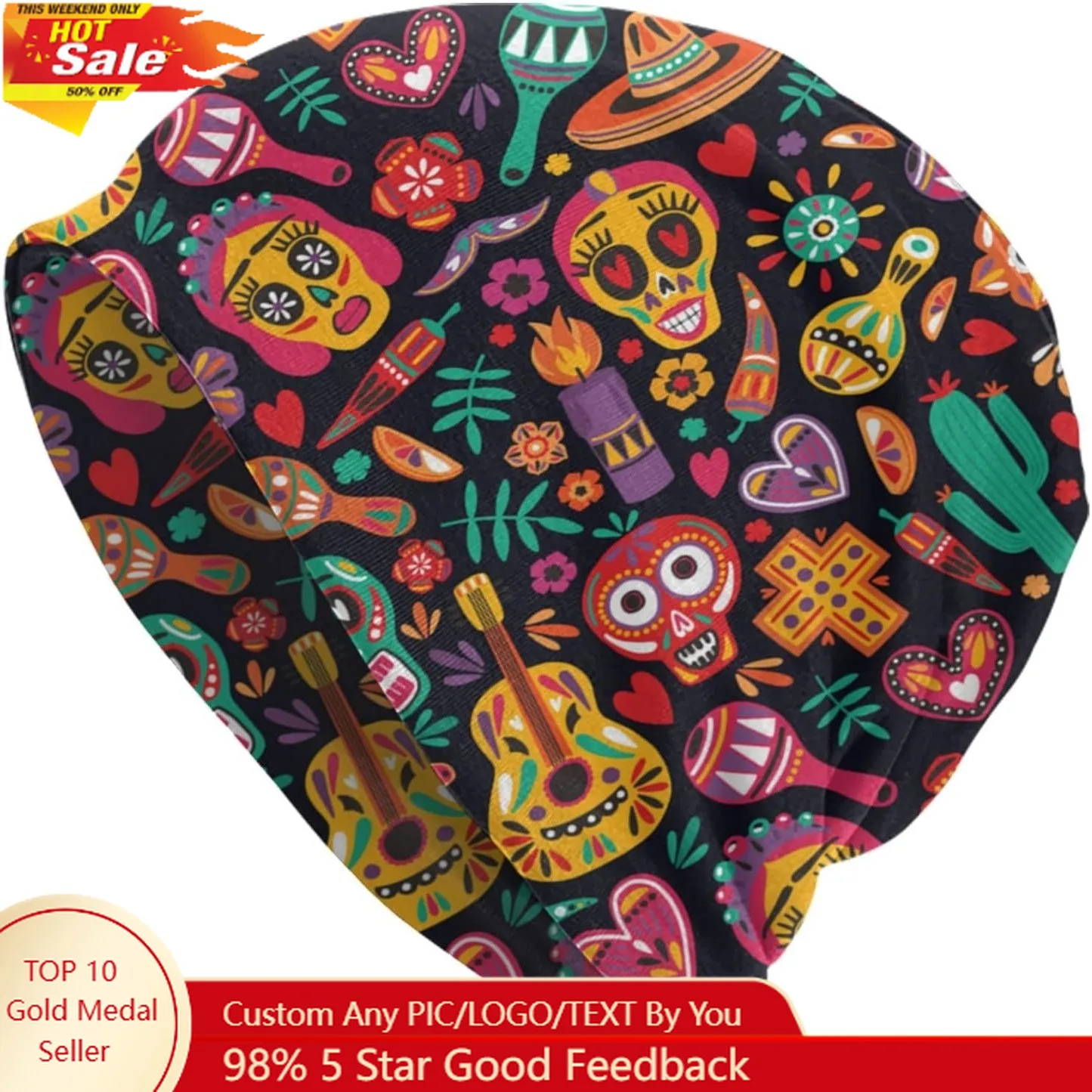 

Mexican Beanie Standard Closed Chemo Knitted Hats Baggy Slouchy Skull Cap Cancer Headwear for Women Men