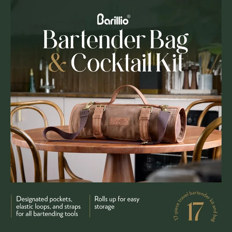 Bartender Kit Bag with Cocktail Shaker Set - Waxed Canvas, Traveling Bar Tools Bag with 17-Pc Cocktail Kit