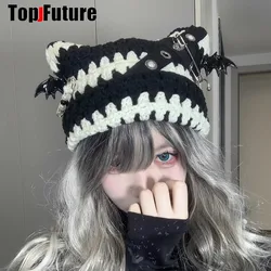 Harajuku Gothic Lolita Knitted Cat Ear Hat Women Punk Designer Cross Bat Winter Beanie Hat Female Y2K Girls Accessories Cap