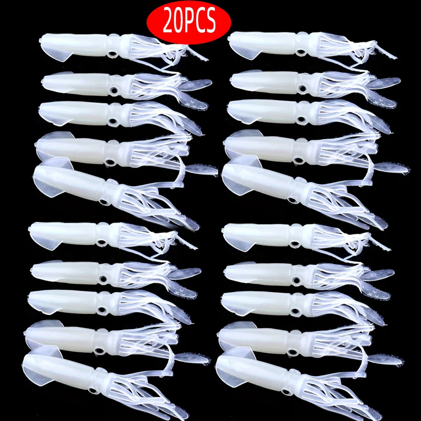 

20 шт. светящиеся мягкие приманки, смешанные промасленные мягкие юбки в виде осьминога, приманки для кальмаров, искусственные мягкие приманки для кальмара, рыболовные приманки на заказ