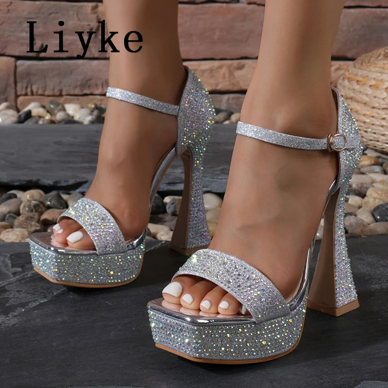 Liyke Designer Crystal Rhinestone High Heels Sexy Sandals Women Thick Bottom Square Open Toe Wedding Party Chunky Platform Shoes