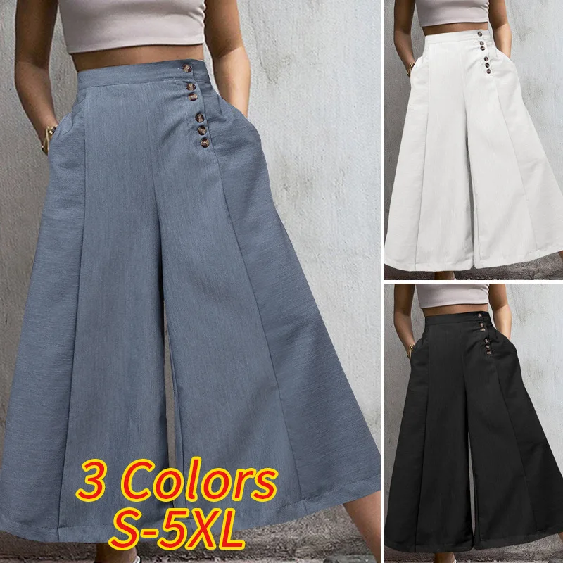 

2024 Summer Fashion High Waist Solid Color Striped Wide Leg Button Loose Casual Women's Pants