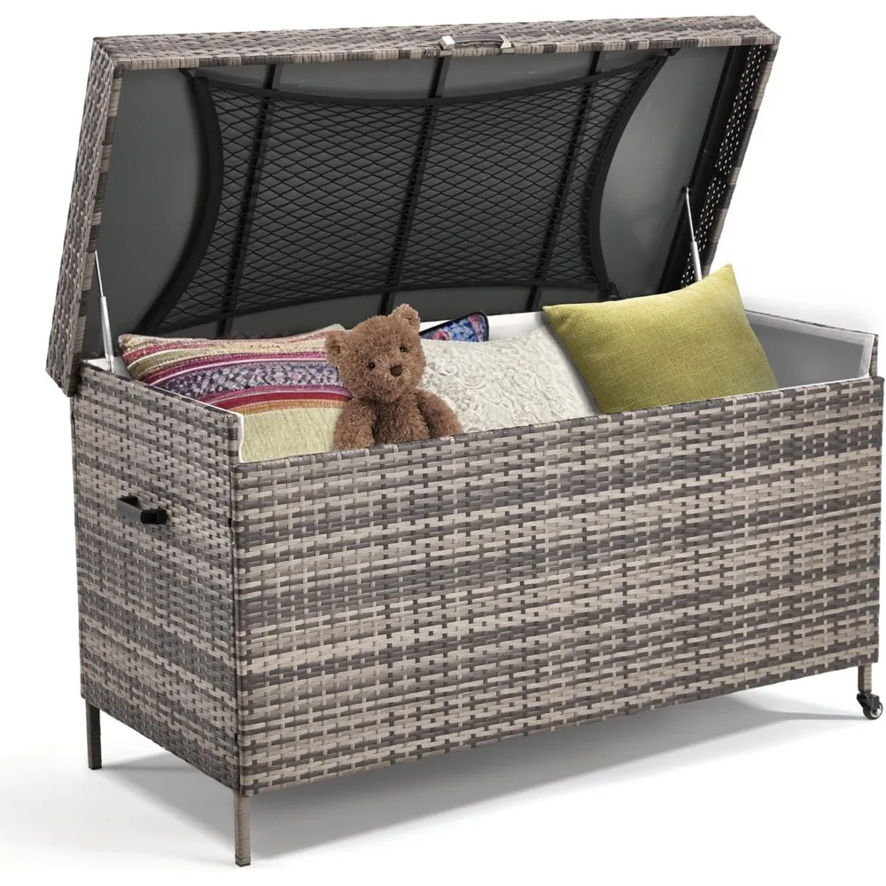 

240 Gallon Wicker Deck Box, Outdoor Storage Box with Portable Wheels and Handles, Waterproof Patio Rattan Container for Garden