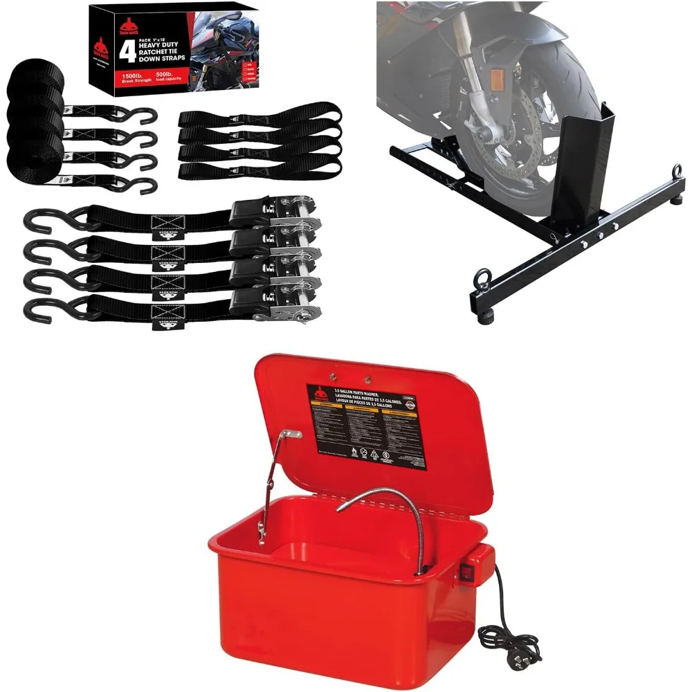 

Домашний упор для мотоциклетного колеса и комплект шайб и ремней для крепления с храповым механизмом 3,5 галлона