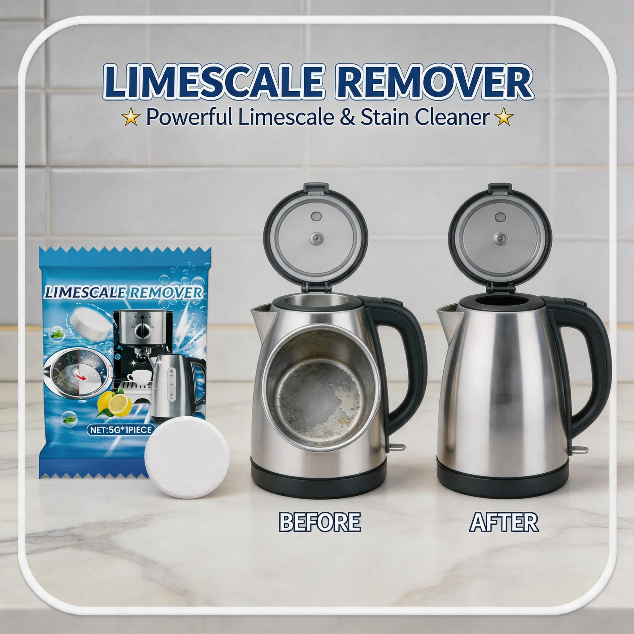 Scale Remover Effervescent Tablets, Powerful Cleaner for Kettle & Coffee Machine, Limescale Stain Deep Cleaning Tablets