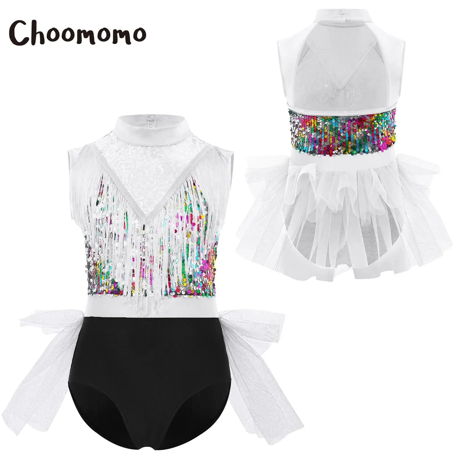 

Girls Ballet Dance Leotard Latin Dance Dress Sleeveless Cutout Back Sequin Tassels Figure Skating Gymnastics Tutu Skirt Bodysuit