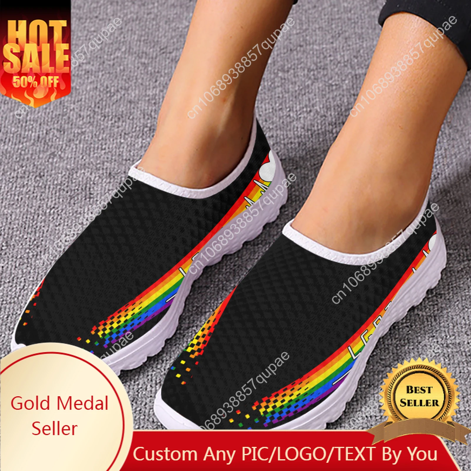 

Simple Rainbow Love Design Mesh High Quality Sneakers Women Men Teenager Casual Fashion Custom Made Tennis Flat Couple Shoes