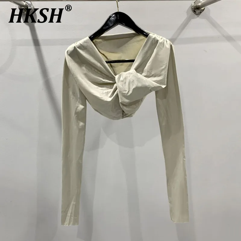 

HKSH Summer New Women Chic Streetwear Sexy Glossy Craft Interwoven Pleated Short Slim Fit Long Sleeved T-Shirt Casual Top HK5830