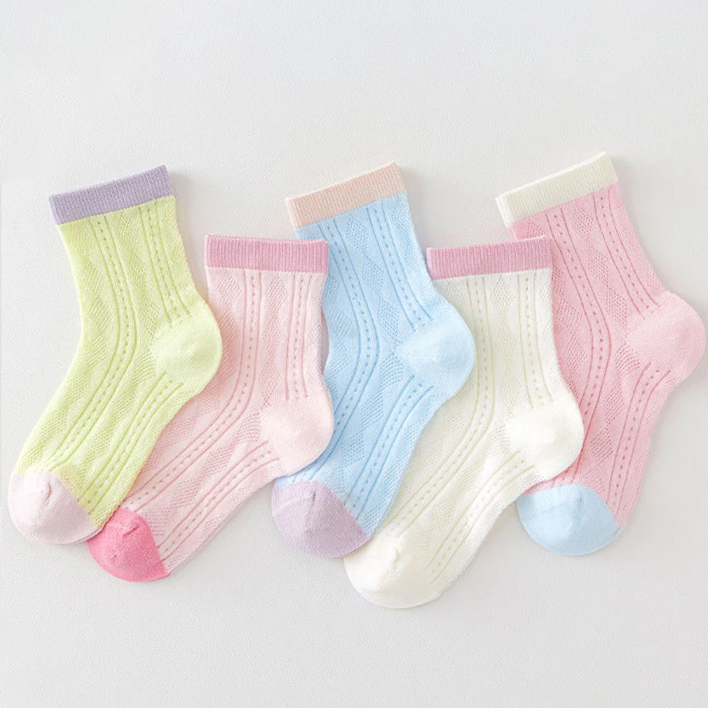 5Pairs Kids Girls Mesh Socks Summer Breathable Cotton Crew Socks Candy Color Hollow Out Thin Casual Socks for 3-12Y