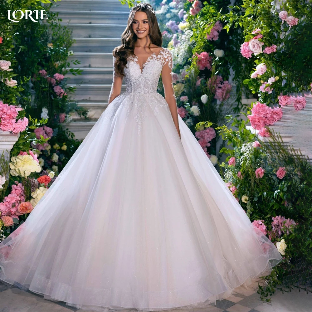 Lorie arábia vestidos de casamento de renda vintage sem costas botão a linha apliques mangas compridas vestido de noiva princesa vestido de noiva personalizado