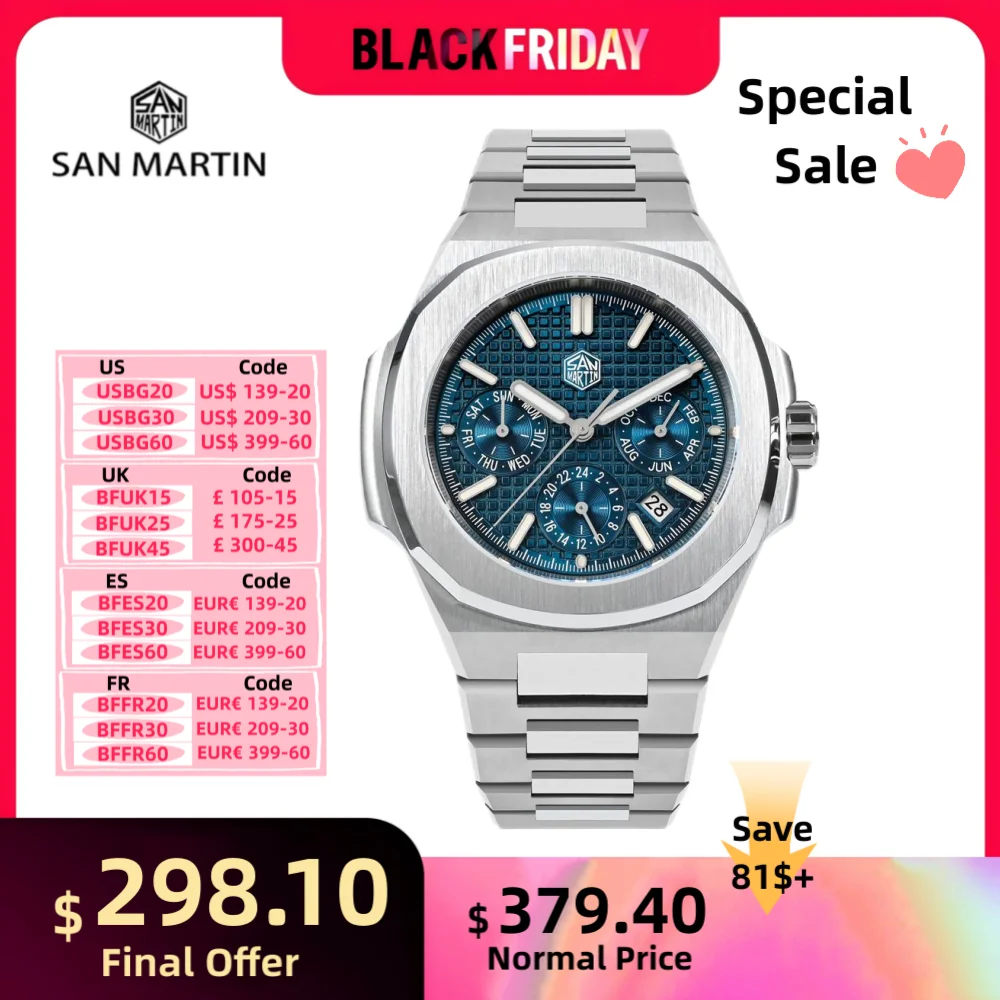 San Martin 43mm 9120 Sport Multi-Function Men Watch Mechanical Hour Date Week Month Window FKM Rubber 10Bar Reloj Hombre SN0075B