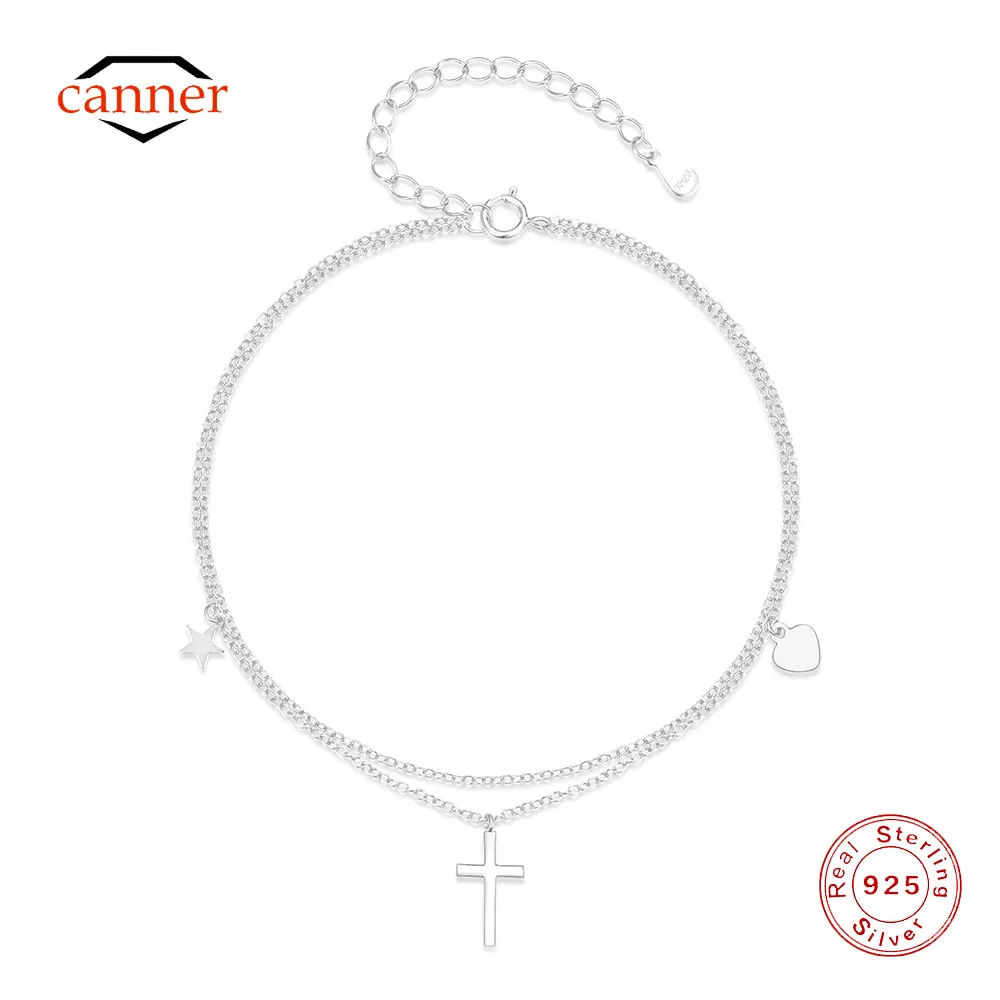 

Canner 925 Sterling Silver Adjustable Double Cross Five-Pointed Star Heart-Shaped Pendant Anklet For Women Minimalism Jewelry