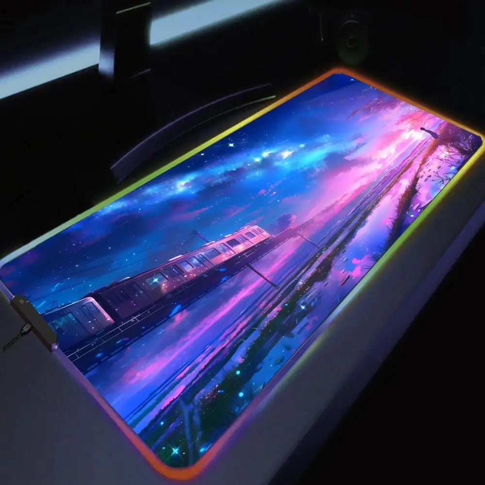

Train Scenery Mouse Pad Large RGB Gaming Mousepad LED Light Locked Edges Game Accessories Table Pads PC Keyboard Mat XXL 90x40cm