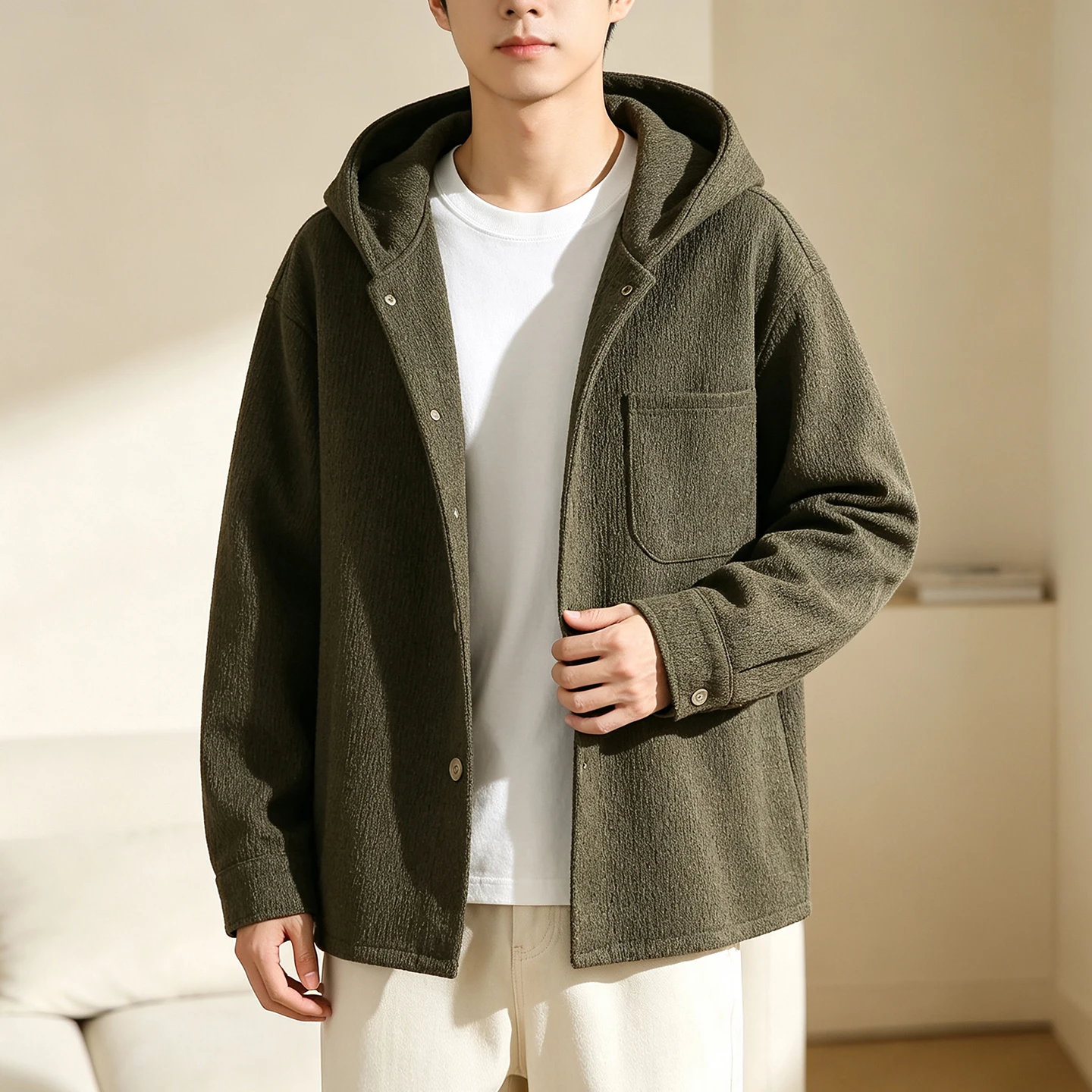 New Autumn/Winter Fashion Solid Color American Vintage Thickened Warm Wool Coat Men's Casual Loose Sports Plus Size Jacket